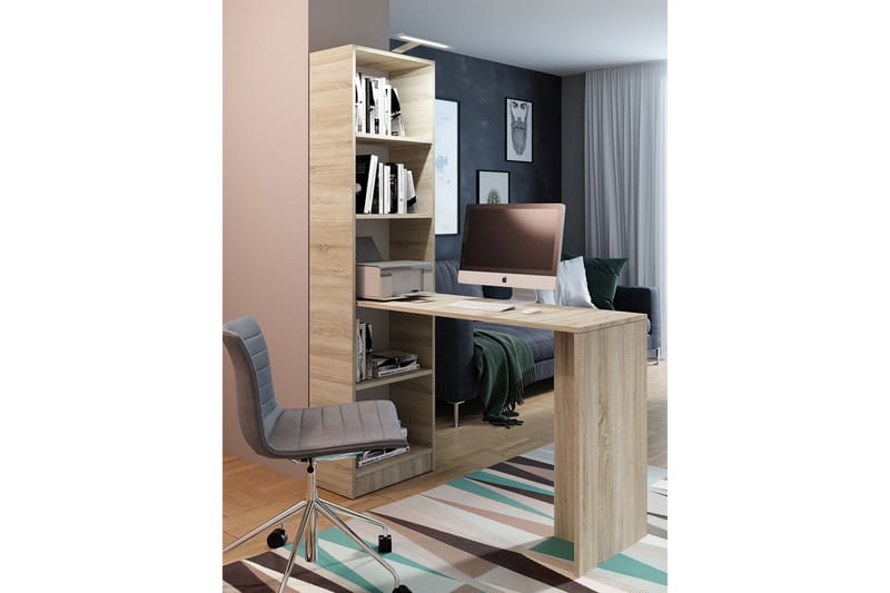 Kylien Skrivebord 125 cm LED-belysning med Bokhylle Hvit LED - Eikefarge - Møbler - Bord - Kontorbord - Skrivebord