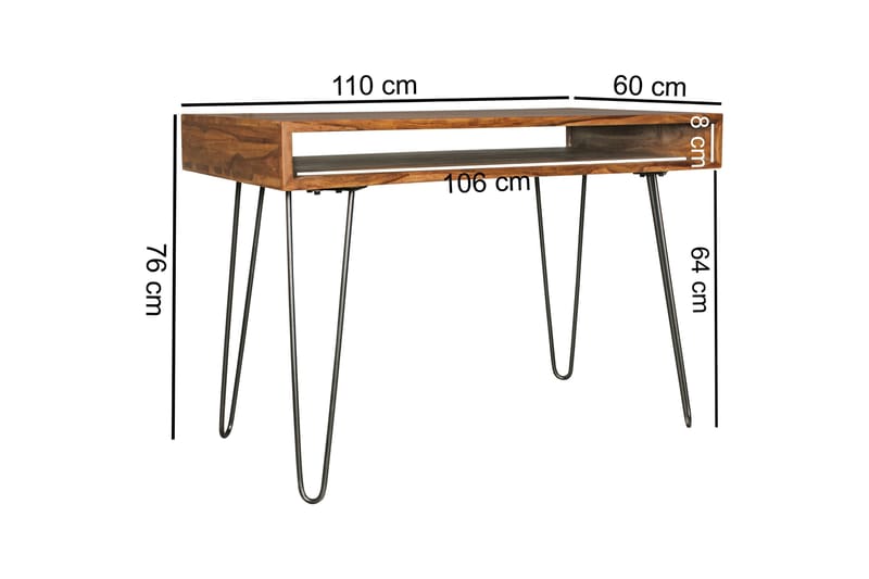 Langner Skrivebord 110 cm med Oppbevaring Hylle - Massivt Tre/Svart - Skrivebord