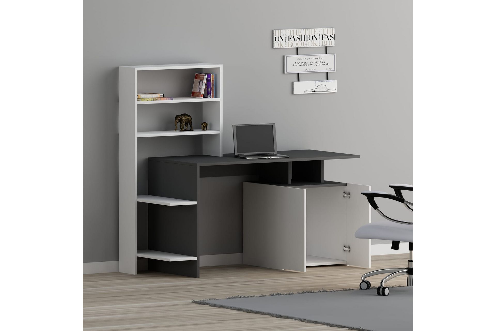Leluard Skrivebord 146 cm med Oppbevaring Hyller+Skap - Hvit/Antrasitt - Møbler - Bord - Kontorbord - Skrivebord