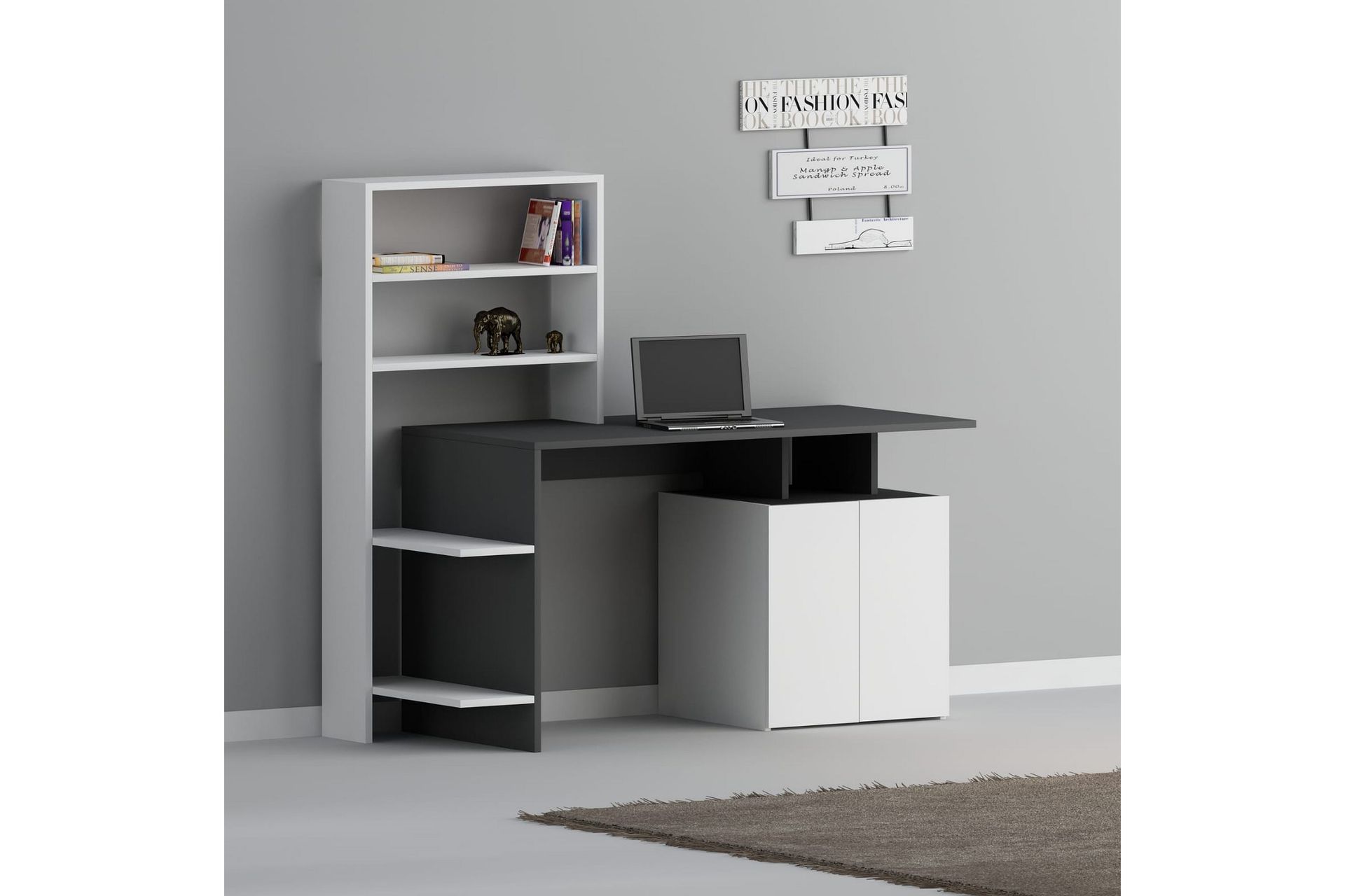 Leluard Skrivebord 146 cm med Oppbevaring Hyller+Skap - Vit/Antrasitt