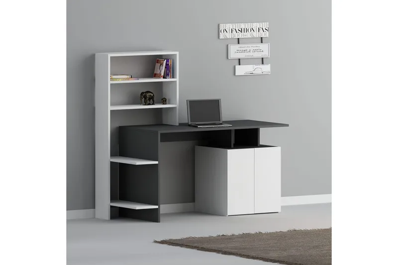 Leluard Skrivebord 146 cm med Oppbevaring Hyller+Skap, Vit/Antrasitt
