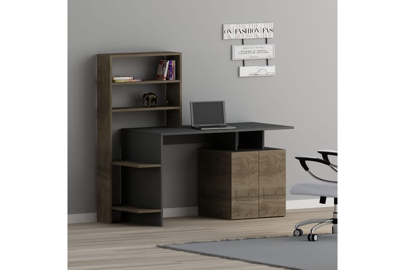 Leluard Skrivebord 146 cm med Oppbevaringshyller + Skap - Valnøttsbrun/Antrasitt - Skrivebord