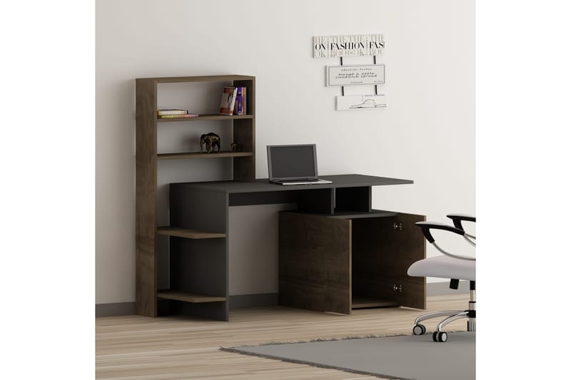 Leluard Skrivebord 146 cm med Oppbevaringshyller + Skap - Valnøttsbrun/Antrasitt - Skrivebord