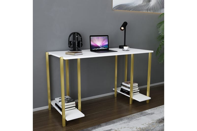 Malem Skrivebord 60x73,8x125,2 cm med oppbevaring - Gull/Hvit - Skrivebord