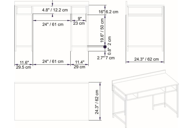 Malem Skrivebord 60x74,8x120 cm med oppbevaring - Svart/Hvit - Skrivebord