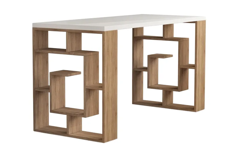 Mazell Skrivebord 140 cm med Oppbevaring Hyller, Hvit/Brun