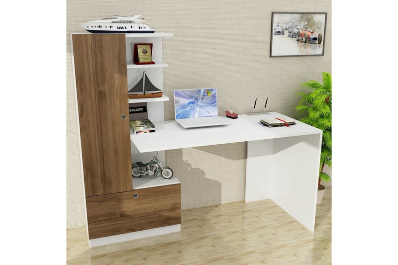 Merinoz Skrivebord 120 cm med Oppbevaring Hyller + Skuff + S - Hvit/Valnøttsbrun - Skrivebord