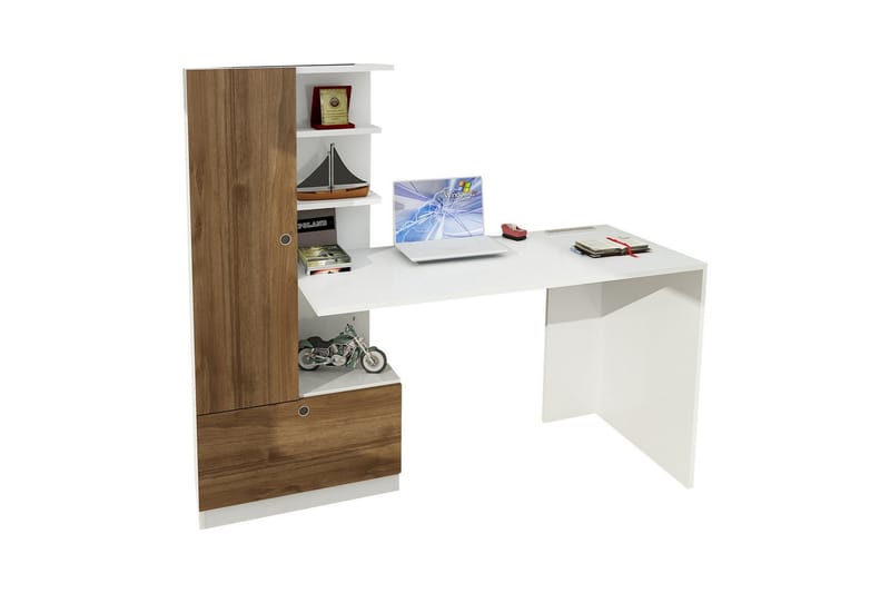 Merinoz Skrivebord 120 cm med Oppbevaring Hyller + Skuff + S - Hvit/Valnøttsbrun - Skrivebord