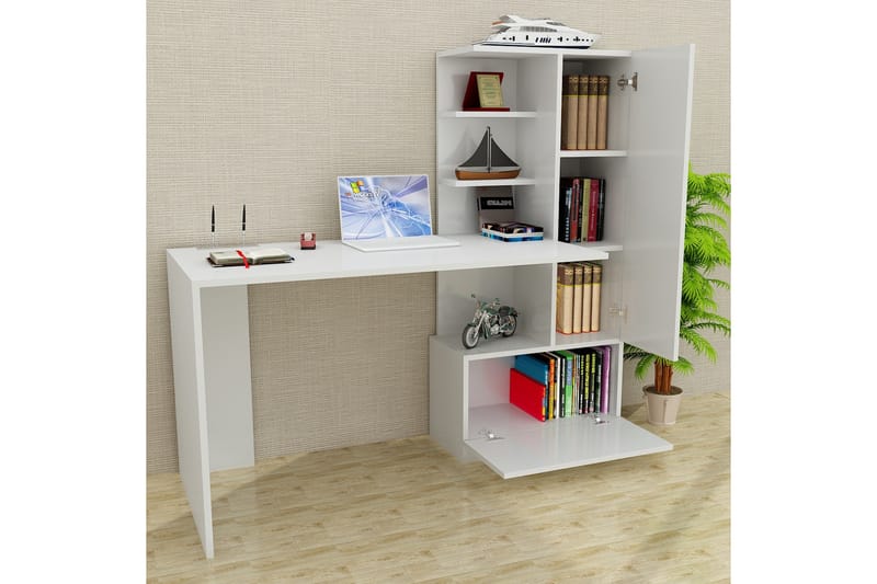 Merinoz Skrivebord 150 cm med Oppbevaring Hyller + Skuff + S - Hvit - Skrivebord