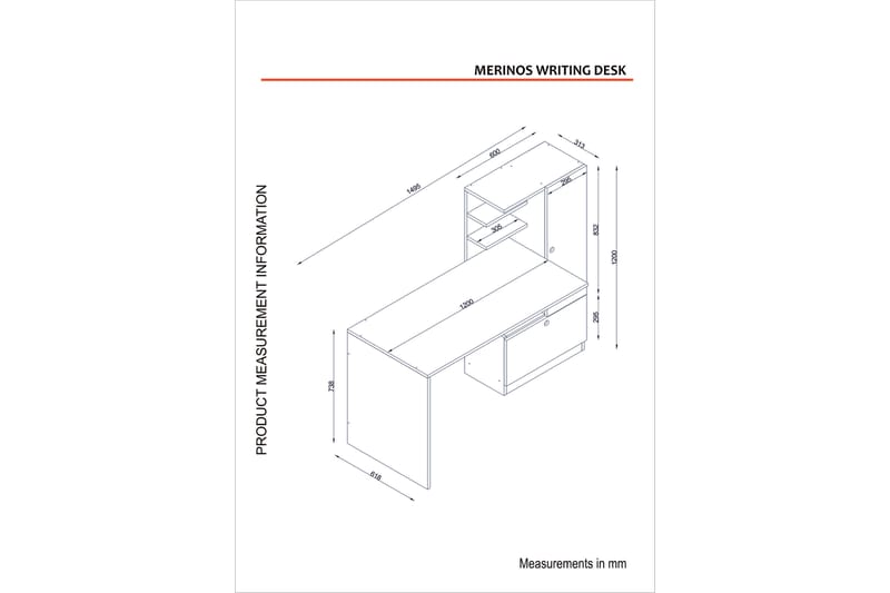 Merinoz Skrivebord 150 cm med Oppbevaring Hyller + Skuff + S - Hvit - Møbler - Bord - Kontorbord - Skrivebord