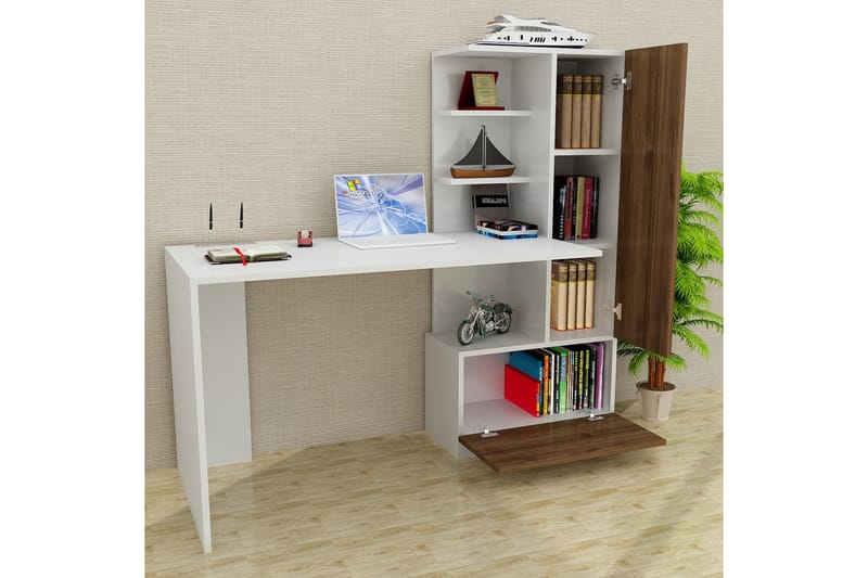 Merinoz Skrivebord 150 cm med Oppbevaring Hyller + Skuff + S - Hvit/Valnøttsbrun - Møbler - Bord - Kontorbord - Skrivebord