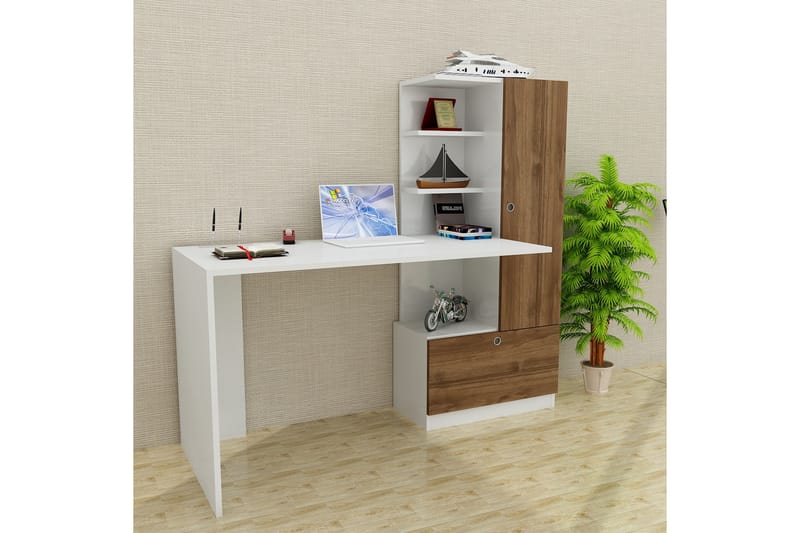 Merinoz Skrivebord 150 cm med Oppbevaring Hyller + Skuff + S - Hvit/Valnøttsbrun - Skrivebord
