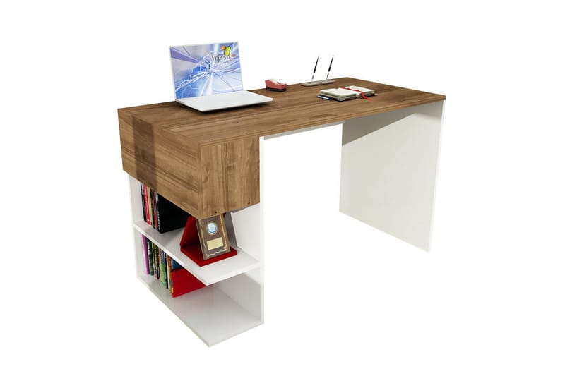 Merinoz Skrivebord 21 cm med Oppbevaring Hyller+Luke - Hvit/Valnøttsbrun - Skrivebord