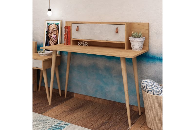 Mod Design Skrivebord 120 cm med Oppbevaring Hylle+Luke Lærb - Tre/Hvit - Skrivebord
