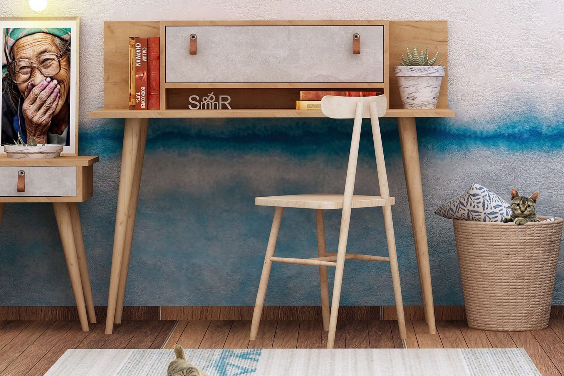 Mod Design Skrivebord 120 cm med Oppbevaring Hylle+Luke Lærb - Tre/Hvit