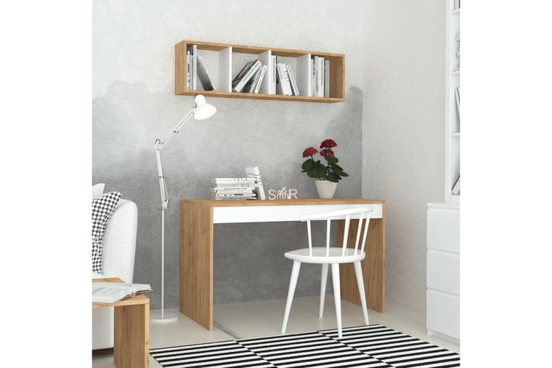 Mod Design Skrivebord 120 cm med Oppbevaring Vegghylle - Tre/Hvit - Skrivebord