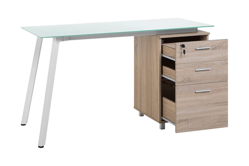 Montevideo Skrivebord 130 cm med Oppbevaring 3 Skuffer - Hvit/Lysebrun - Møbler - Bord - Kontorbord - Skrivebord