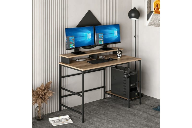 Nafe Skrivebord 120 cm med Hyller i Tre med Metallstativ - Brun - Møbler - Bord - Kontorbord - Skrivebord
