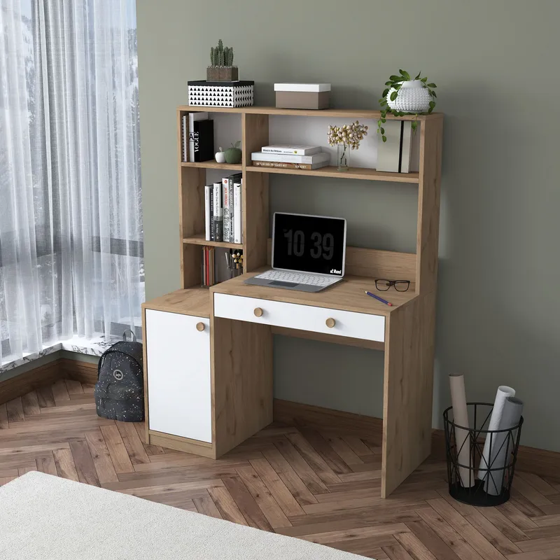 Skrivebord og bokhylle Wallxpert Cleo Shelf (115 x 146 x 50 cm) Valnøtt Hvit - Valnøtt og hvit - Møbler - Bord - Kontorbord - Skrivebord