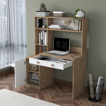 Skrivebord og bokhylle Wallxpert Cleo Shelf (115 x 146 x 50 cm) Valnøtt Hvit - Valnøtt og hvit - Møbler - Bord - Kontorbord - Skrivebord