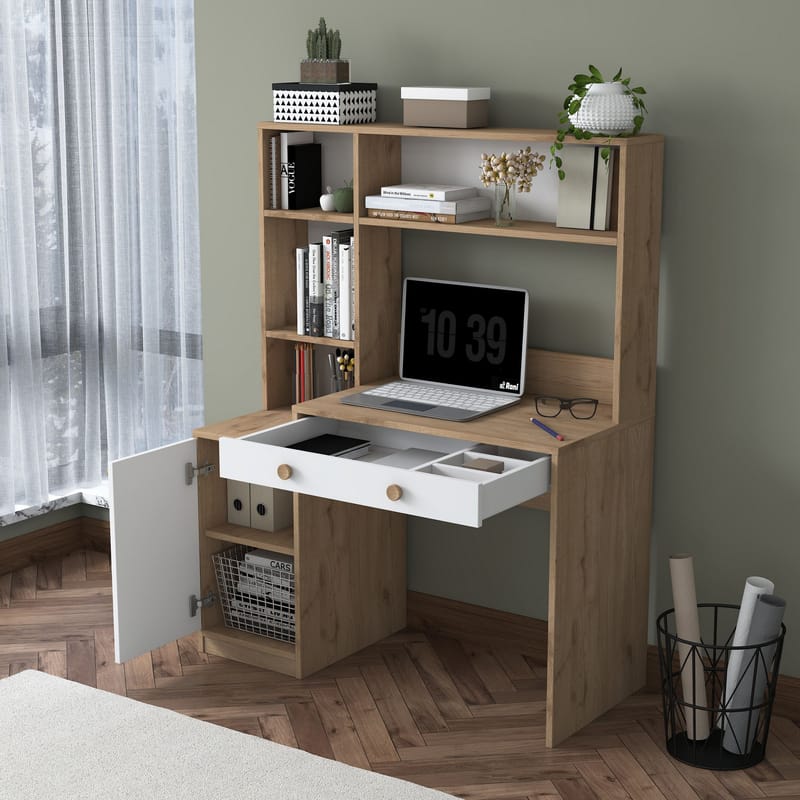Skrivebord og bokhylle Wallxpert Cleo Shelf (115 x 146 x 50 cm) Valnøtt Hvit - Valnøtt og hvit - Møbler - Bord - Kontorbord - Skrivebord