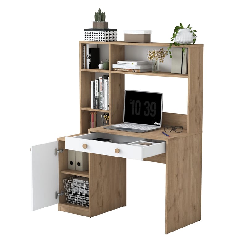 Skrivebord og bokhylle Wallxpert Cleo Shelf (115 x 146 x 50 cm) Valnøtt Hvit - Valnøtt og hvit - Møbler - Bord - Kontorbord - Skrivebord