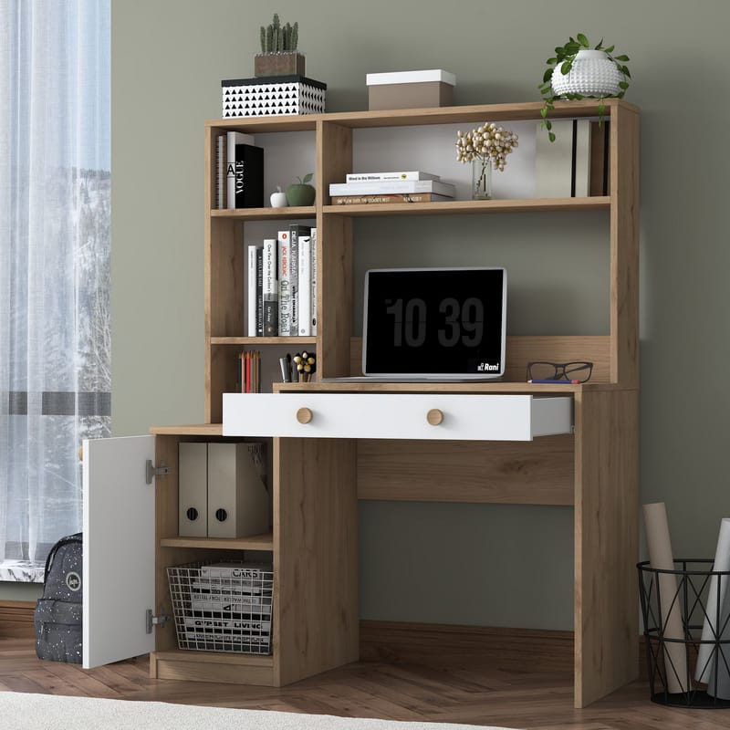 Skrivebord og bokhylle Wallxpert Cleo Shelf (115 x 146 x 50 cm) Valnøtt Hvit - Valnøtt og hvit - Møbler - Bord - Kontorbord - Skrivebord