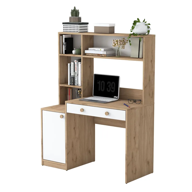 Skrivebord og bokhylle Wallxpert Cleo Shelf (115 x 146 x 50 cm) Valnøtt Hvit, Valnøtt og hvit