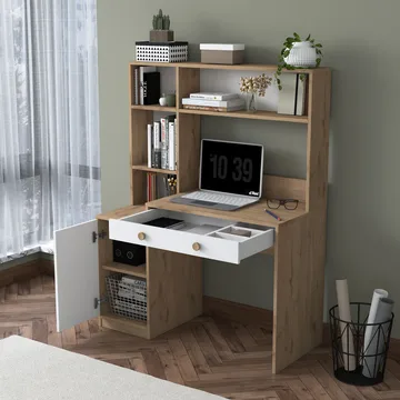 Skrivebord og bokhylle Wallxpert Cleo Shelf (115 x 146 x 50 cm) Valnøtt Hvit - Valnøtt og hvit - Møbler - Bord - Kontorbord - Skrivebord