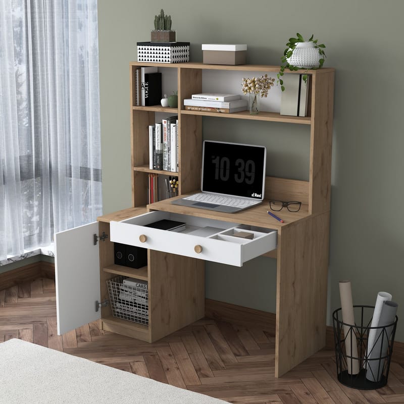 Skrivebord og bokhylle Wallxpert Cleo Shelf (115 x 146 x 50 cm) Valnøtt Hvit - Valnøtt og hvit - Møbler - Bord - Kontorbord - Skrivebord
