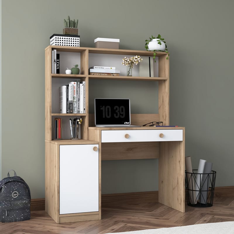 Skrivebord og bokhylle Wallxpert Cleo Shelf (115 x 146 x 50 cm) Valnøtt Hvit - Valnøtt og hvit - Møbler - Bord - Kontorbord - Skrivebord