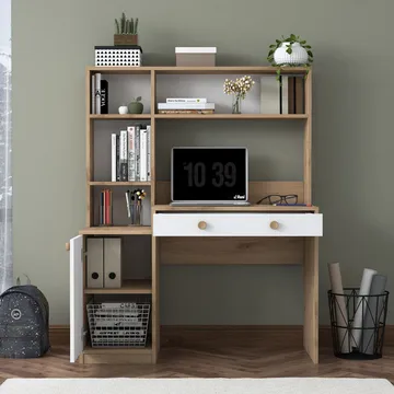 Skrivebord og bokhylle Wallxpert Cleo Shelf (115 x 146 x 50 cm) Valnøtt Hvit - Valnøtt og hvit - Møbler - Bord - Kontorbord - Skrivebord