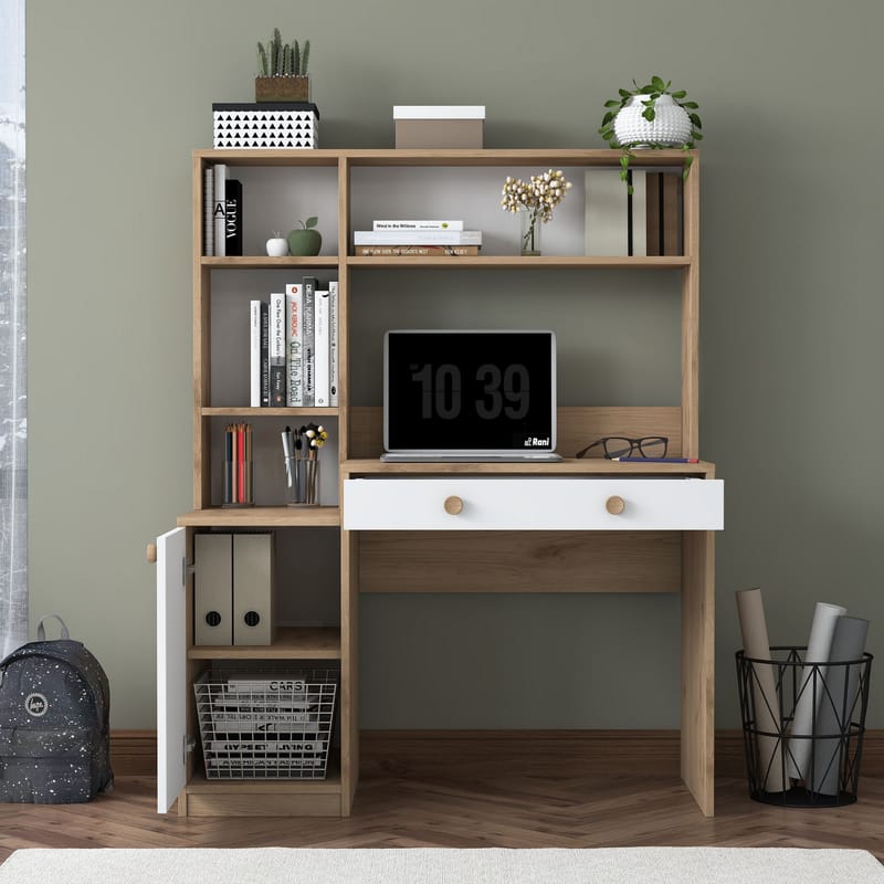 Skrivebord og bokhylle Wallxpert Cleo Shelf (115 x 146 x 50 cm) Valnøtt Hvit - Valnøtt og hvit - Møbler - Bord - Kontorbord - Skrivebord