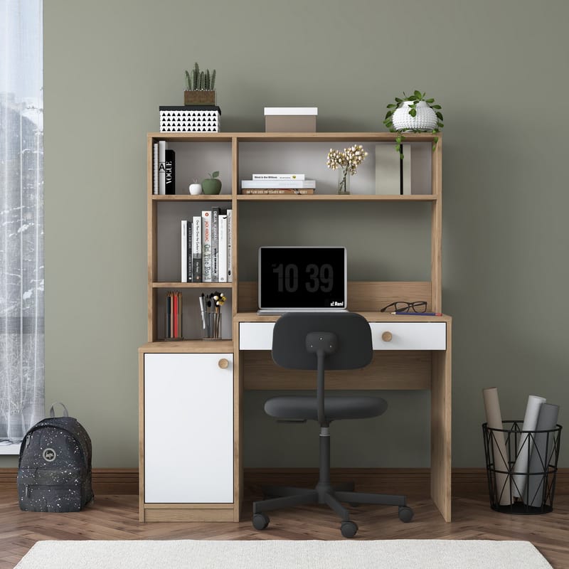 Skrivebord og bokhylle Wallxpert Cleo Shelf (115 x 146 x 50 cm) Valnøtt Hvit - Valnøtt og hvit - Møbler - Bord - Kontorbord - Skrivebord