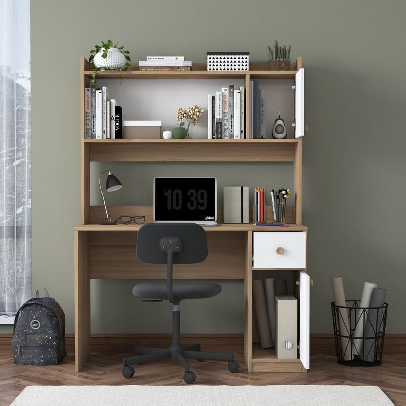 Skrivebord og bokhylle Wallxpert Dara (120 x 166 x 50 cm) Valnøtt hvit - Valnøtt og hvit - Møbler - Bord - Kontorbord - Skrivebord
