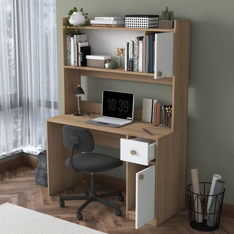 Skrivebord og bokhylle Wallxpert Dara (120 x 166 x 50 cm) Valnøtt hvit - Valnøtt og hvit - Møbler - Bord - Kontorbord - Skrivebord