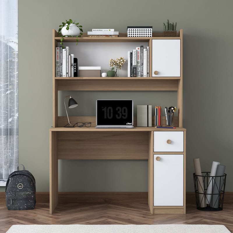 Skrivebord og bokhylle Wallxpert Dara (120 x 166 x 50 cm) Valnøtt hvit - Valnøtt og hvit - Møbler - Bord - Kontorbord - Skrivebord