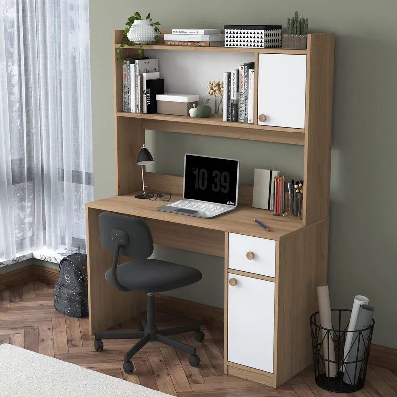 Skrivebord og bokhylle Wallxpert Dara (120 x 166 x 50 cm) Valnøtt hvit - Valnøtt og hvit - Møbler - Bord - Kontorbord - Skrivebord