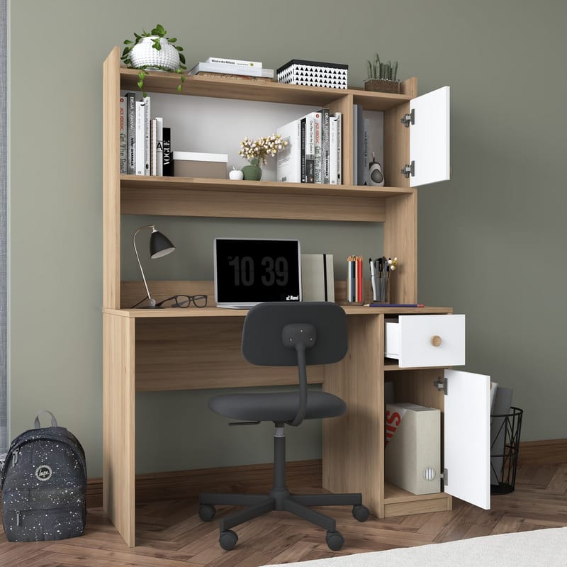 Skrivebord og bokhylle Wallxpert Dara (120 x 166 x 50 cm) Valnøtt hvit - Valnøtt og hvit - Møbler - Bord - Kontorbord - Skrivebord