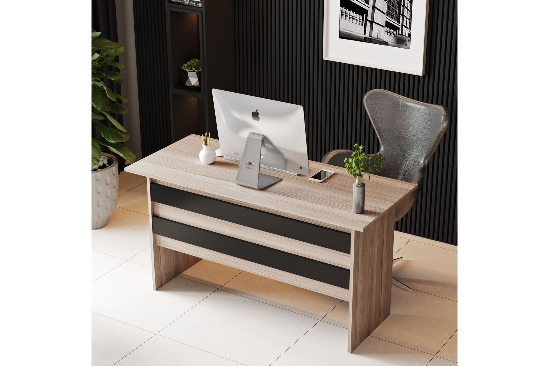 Okani Skrivebord 140 cm med oppbevaring og fotskammel - Natur / Svart - Møbler - Bord - Kontorbord - Skrivebord