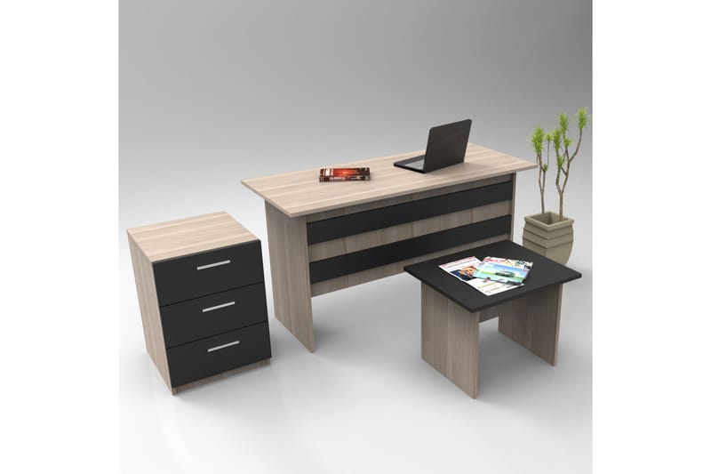 Okani Skrivebord 140 cm med oppbevaring og fotskammel - Natur / Svart - Skrivebord