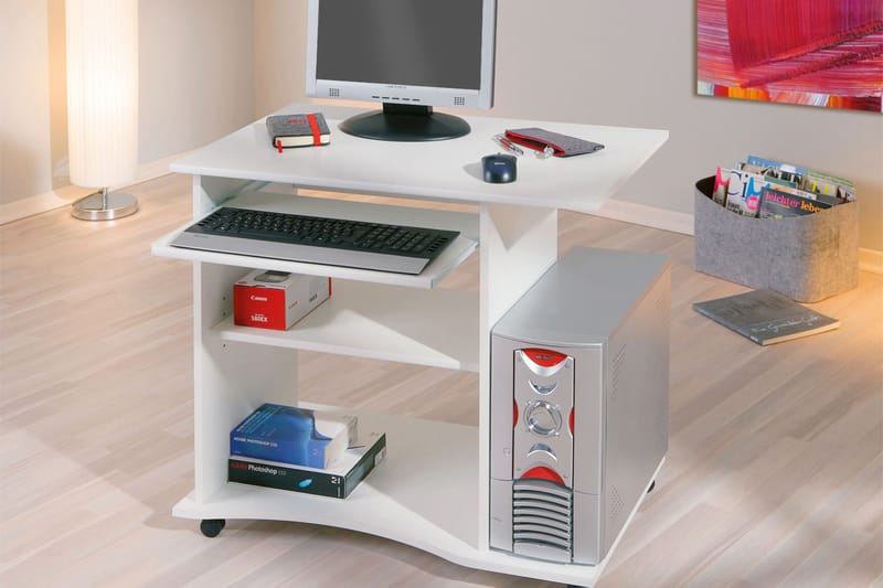 Palatia Databord 80 cm med Oppbevaring Hyller på Hjul - Hvit - Skrivebord