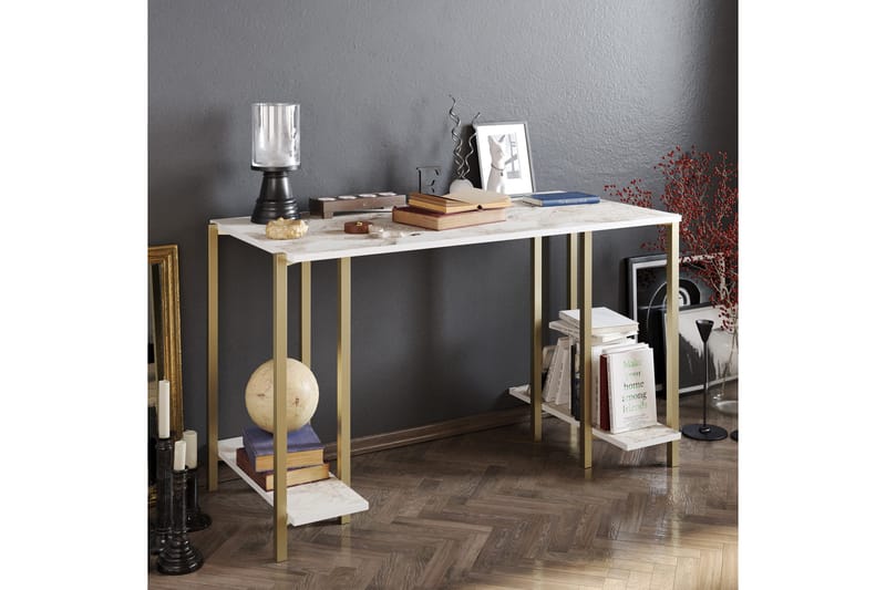 Pinnarp Skrivebord 125 cm med Oppbevaring 2 Hyller Marmormøn - Grå - Møbler - Bord - Kontorbord - Skrivebord