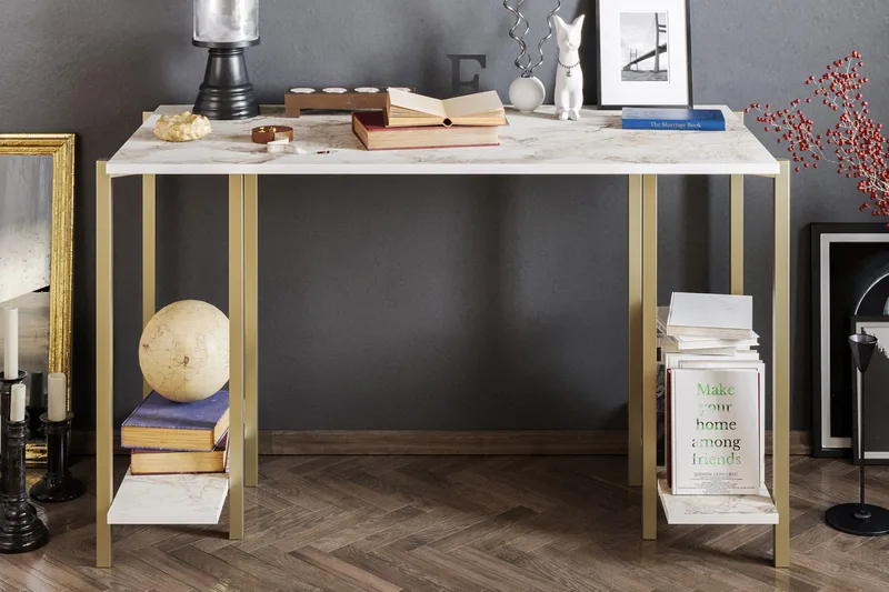 Pinnarp Skrivebord 125 cm med Oppbevaring 2 Hyller Marmormøn - Grå - Møbler - Bord - Kontorbord - Skrivebord