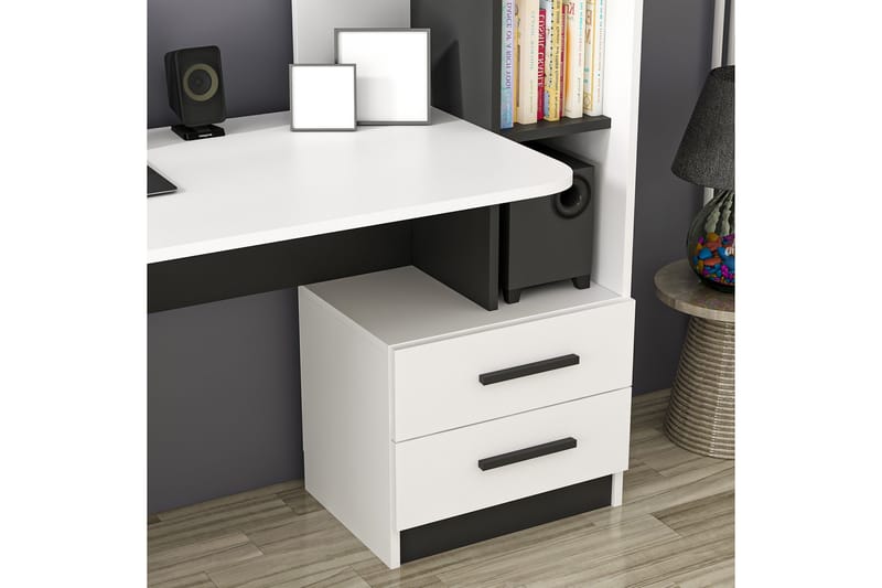 Puijas Skrivebord 120 cm med Oppbevaring Skuff+Hyller+Vegghy - Hvit/Svart - Møbler - Bord - Kontorbord - Skrivebord