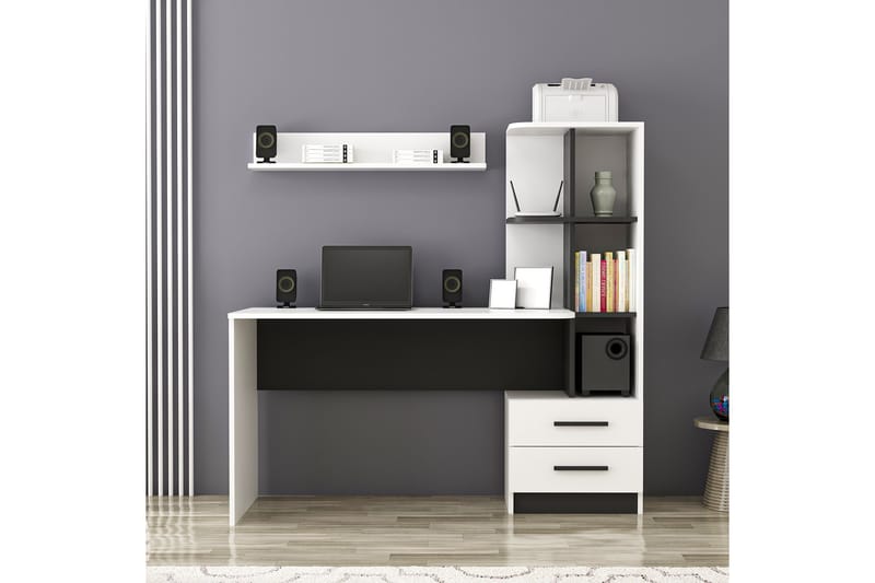 Puijas Skrivebord 120 cm med Oppbevaring Skuff+Hyller+Vegghy - Hvit/Svart - Møbler - Bord - Kontorbord - Skrivebord