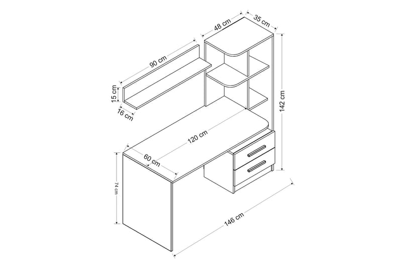 Puijas Skrivebord 120 cm med Oppbevaring Skuff+Hyller+Vegghy - Hvit/Svart - Møbler - Bord - Kontorbord - Skrivebord