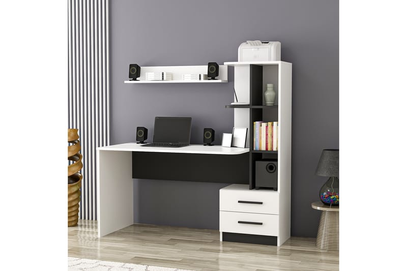 Puijas Skrivebord 120 cm med Oppbevaring Skuff+Hyller+Vegghy - Hvit/Svart - Møbler - Bord - Kontorbord - Skrivebord