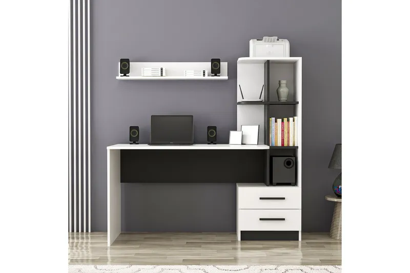 Puijas Skrivebord 120 cm med Oppbevaring Skuff+Hyller+Vegghy, Hvit/Svart