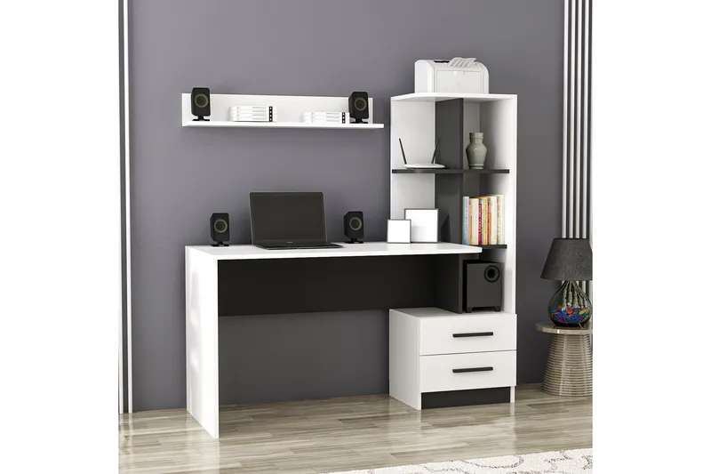 Puijas Skrivebord 120 cm med Oppbevaring Skuff+Hyller+Vegghy - Hvit/Svart - Møbler - Bord - Kontorbord - Skrivebord